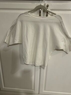 Cream Boxy Short Sleeve Top with Shoulder Eyelet Trim